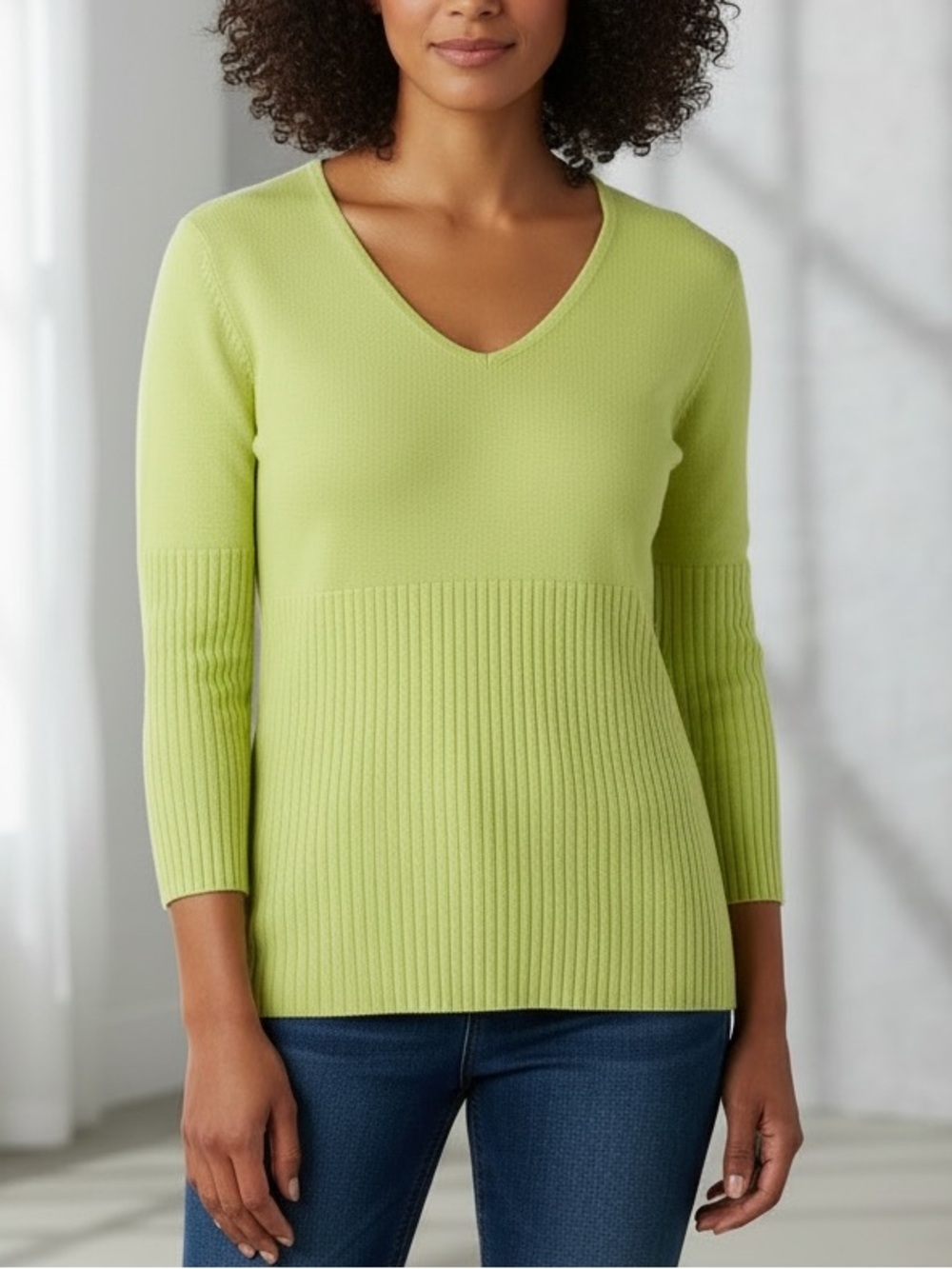 Caslon | lime green cotton blend 3/4 sleeves v-neck sweater size medium …